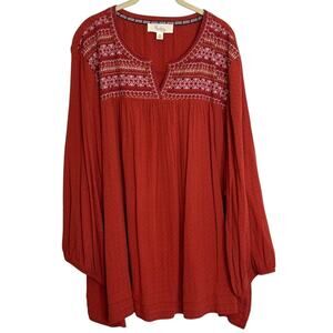 Nurture by Westbound Womens Tunic 3X Burnt Orange Embroidered Peasant Blouse